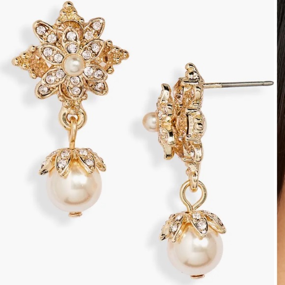 Marchesa Imitation Pearl & Rhinestone Drop Earrings. New - Picture 2 of 3